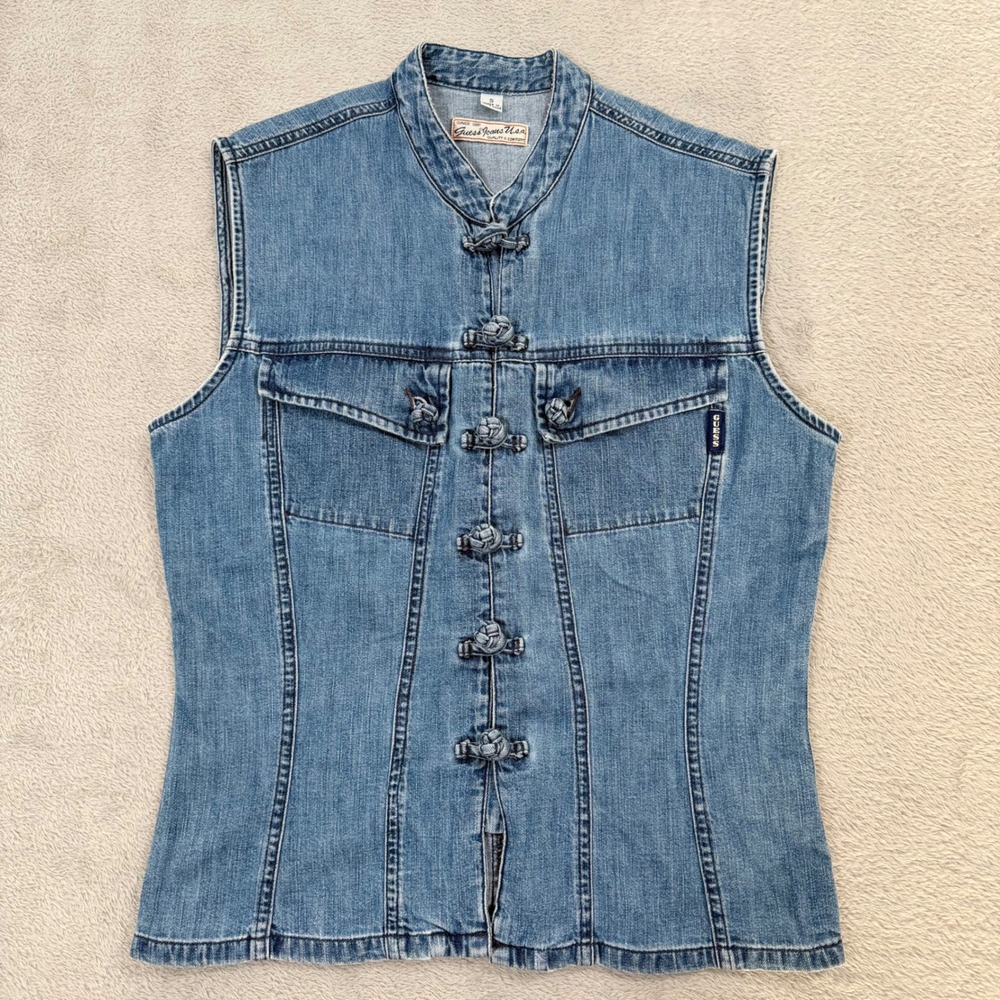 VTG Guess Jeans USA Denim Vest Indigo Frog Knot Button Mandarin Collar Retro 90s